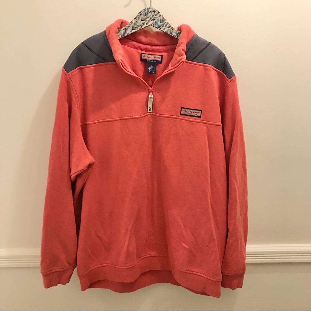 Vineyard Vines Coral Pink Quarter-Zip Pullover with Gray Shoulder Panels